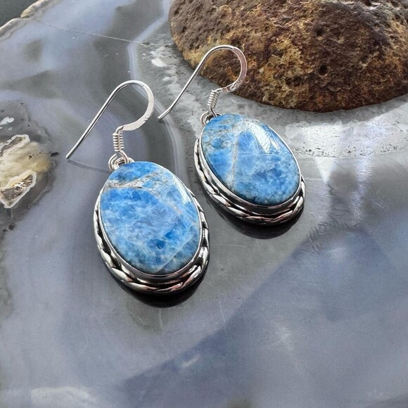 Sterling Silver Southwestern Style Oval Apatite Dangle Earrings For Women - Picture 4 of 10